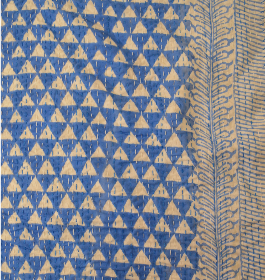 Blue Triangle Geometric Double Bed Queen Hand Embroidered Bedspread/ Dohar