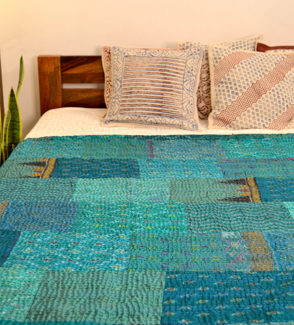Shades Of Teal Patchwork Hand Embroidered Silk Bedspread
