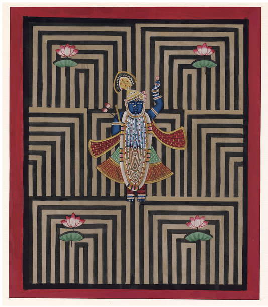 Black Geometrical Shrinath Ji Around Lotus Contemporary Geometric Pichwai