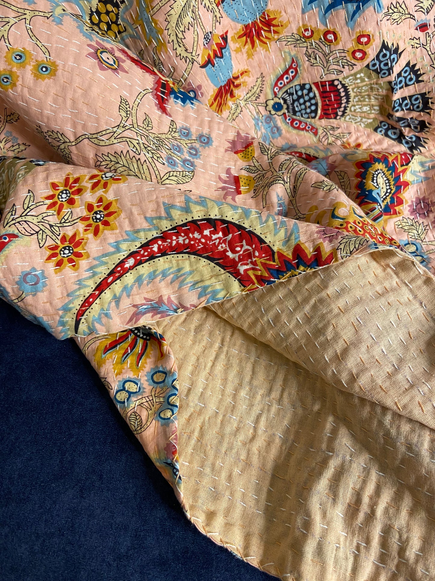 Powder Pink Wild Flower Kantha Bedspread