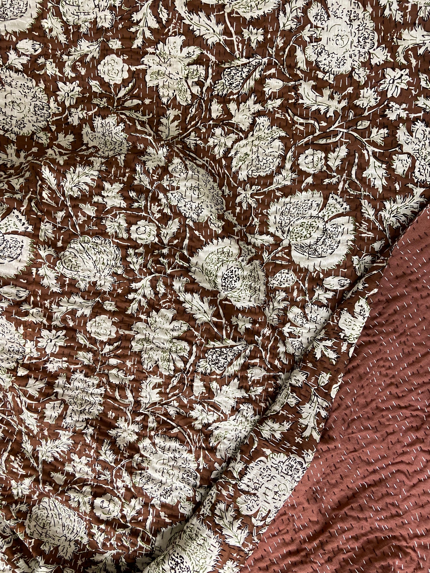 Brown Minimal Floral Queen Hand Embroidered Bedspread - Nakhrro