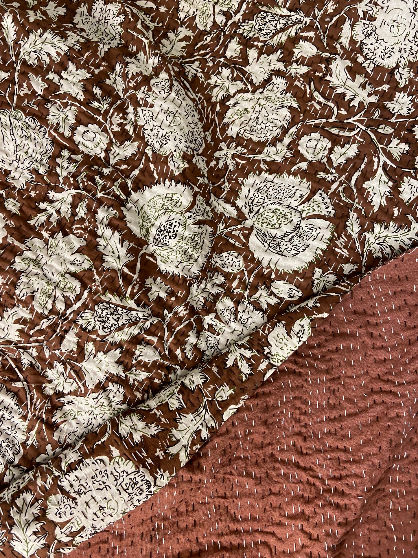 Brown Minimal Floral Queen Hand Embroidered Bedspread - Nakhrro