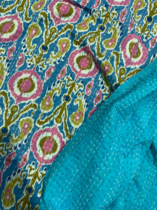 Blue Ikat Print Kantha Hand Embroidered Bedspread - Nakhrro