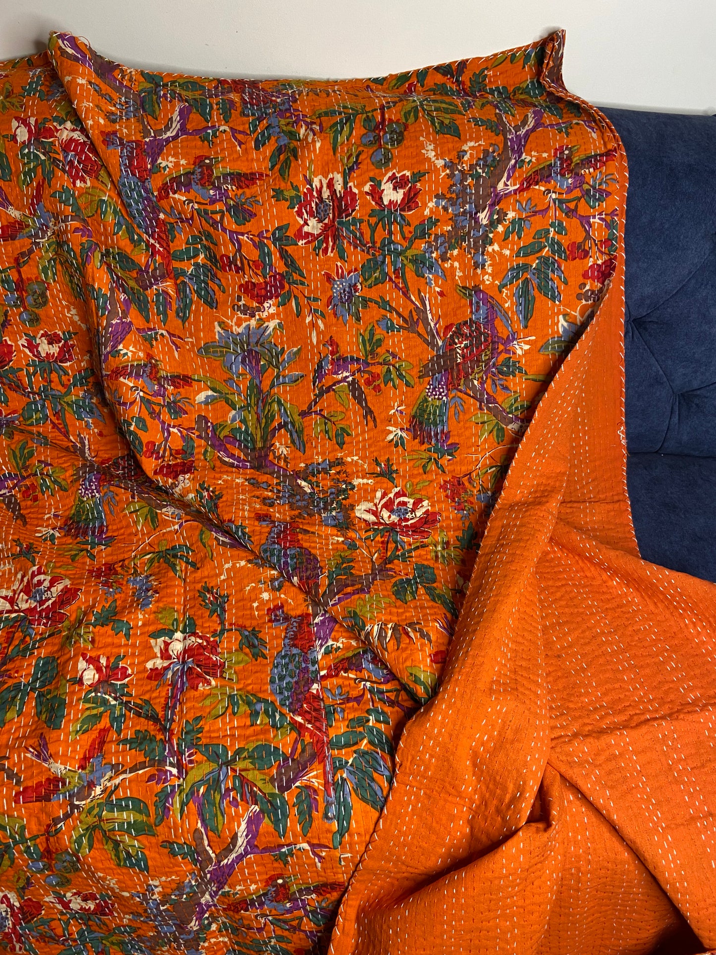 Orange Bird Tropical Embroidered Kantha Bedspread