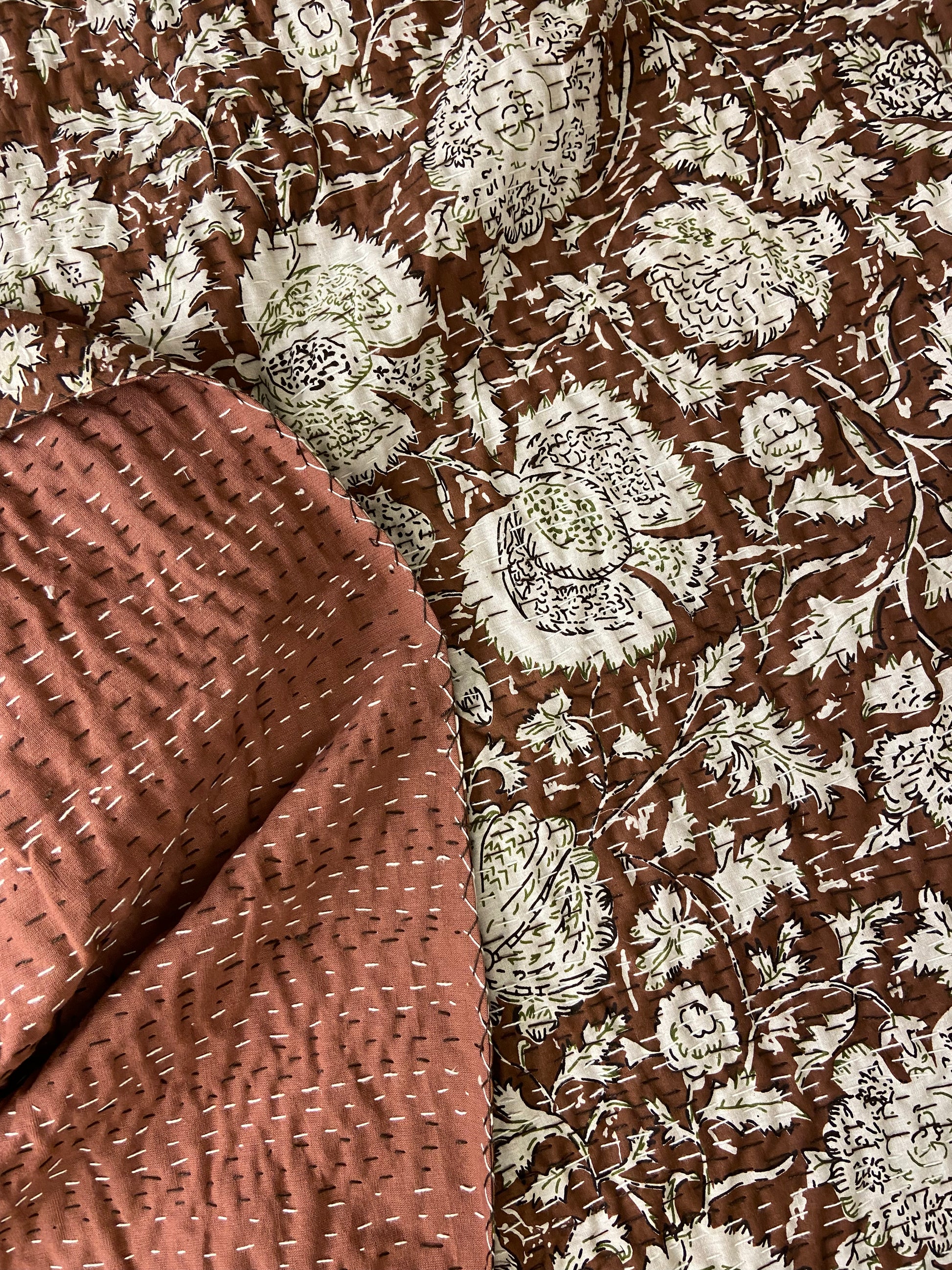 Brown Minimal Floral Queen Hand Embroidered Bedspread - Nakhrro