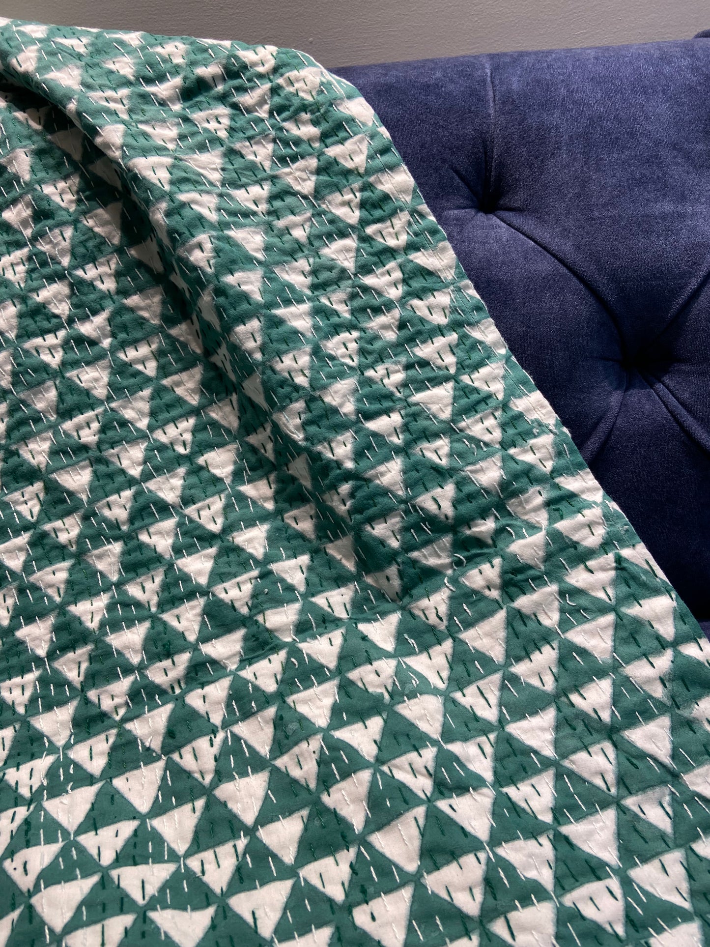 Green Geometric Hand Embroidered Bedspread Dohar