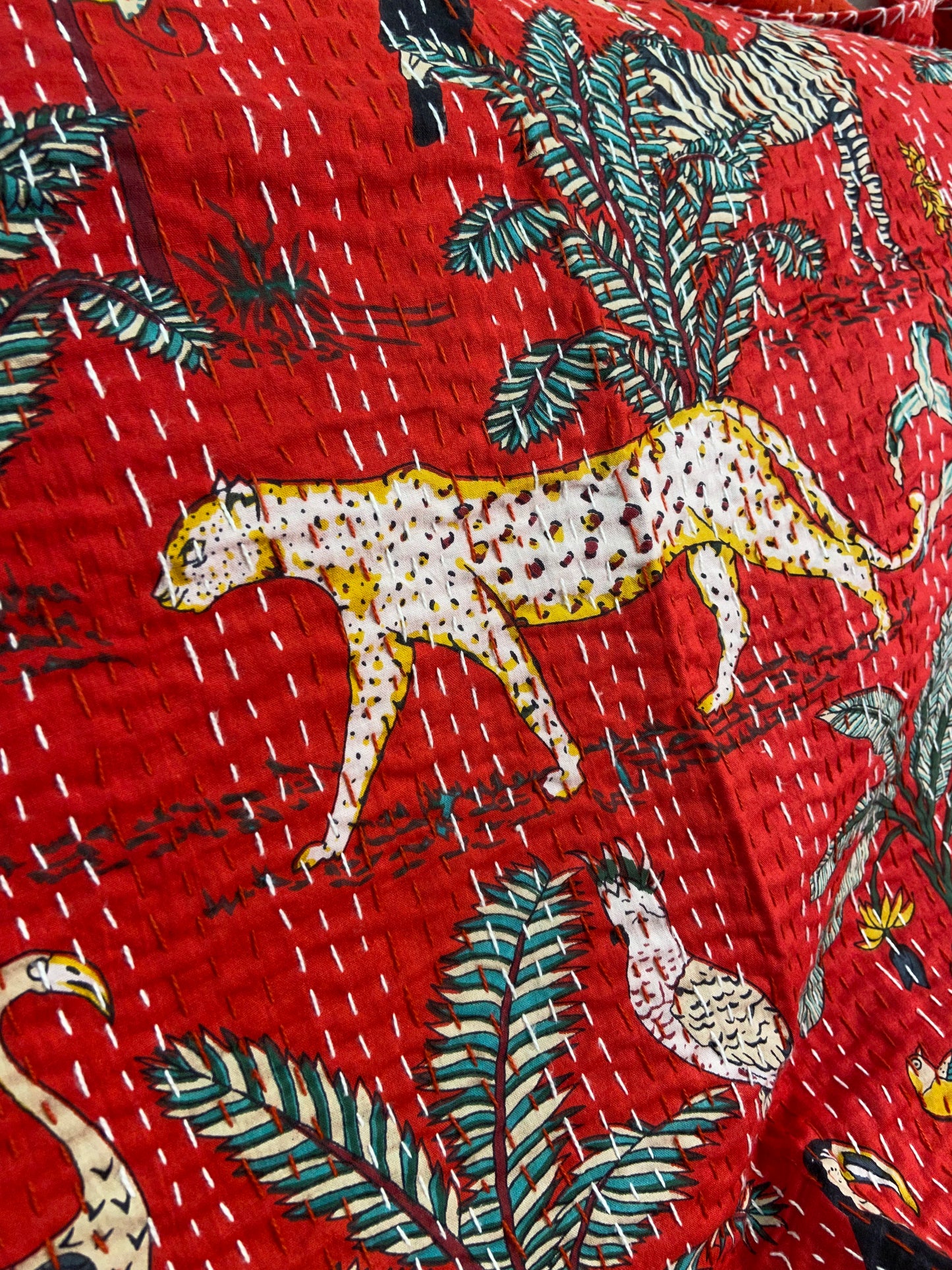 Hot Red Jungle Print Hand Embroidered Bedspread