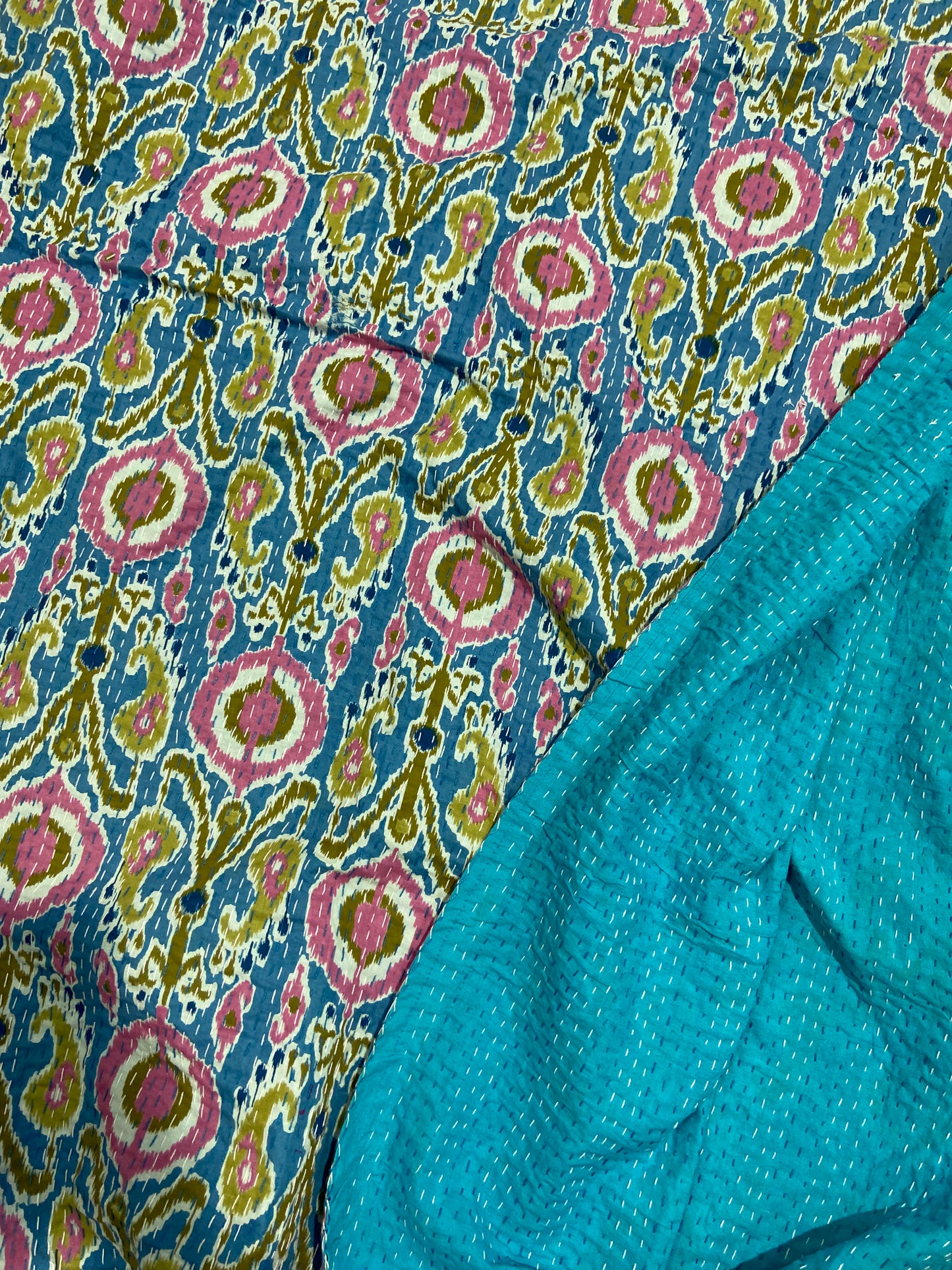 Blue Ikat Print Kantha Hand Embroidered Bedspread
