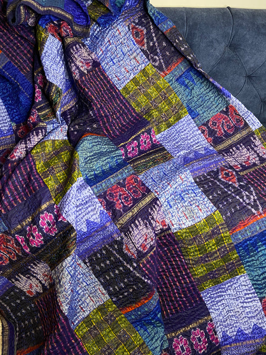 Royal Blue Silk Patchwork Embroidered Silk Bedspread
