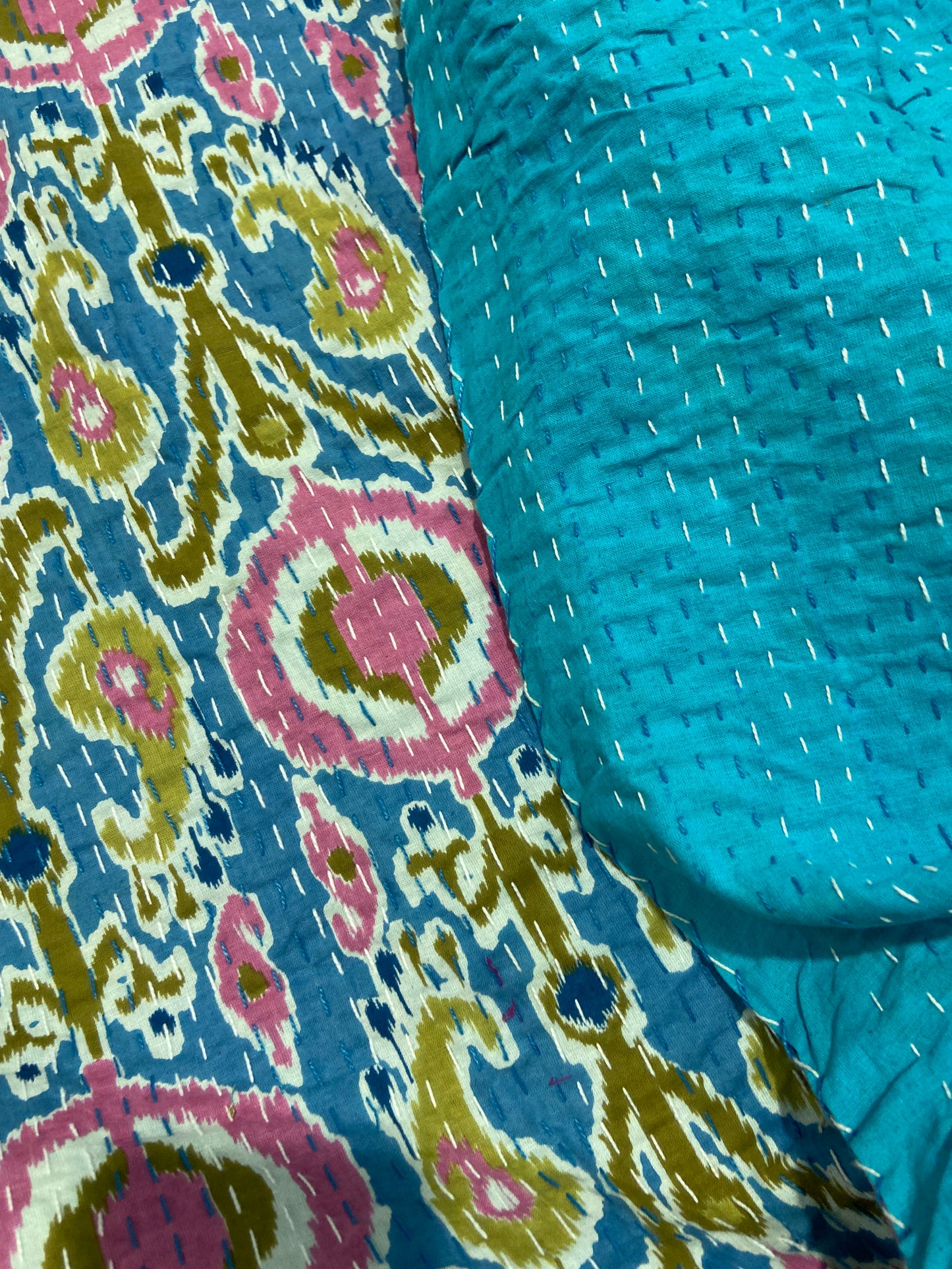 Blue Ikat Print Kantha Hand Embroidered Bedspread