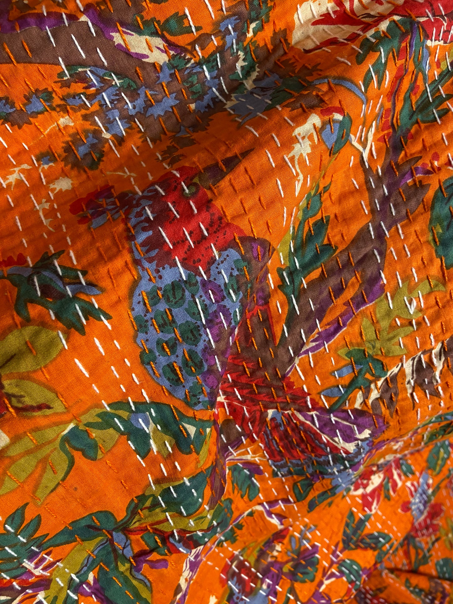 Orange Bird Tropical Embroidered Kantha Bedspread