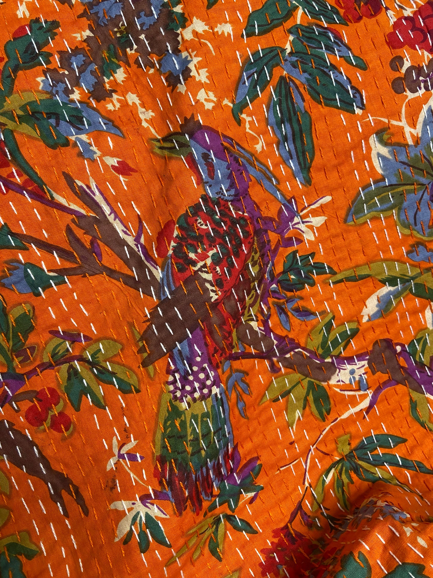 Orange Bird Tropical Embroidered Kantha Bedspread