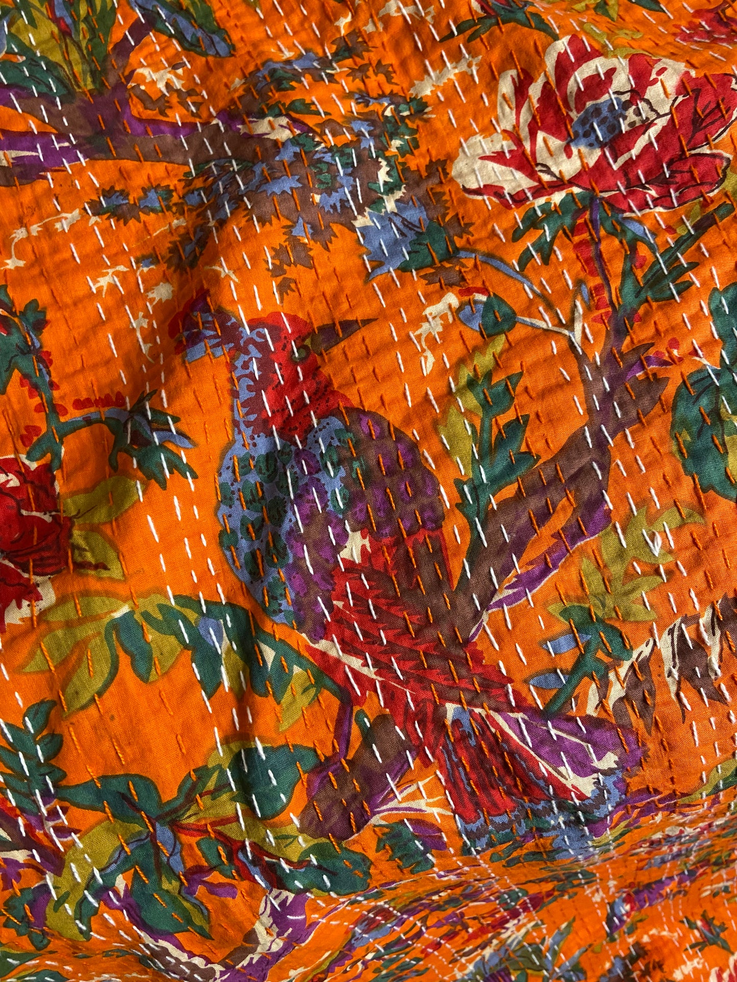 Orange Bird Tropical Embroidered Kantha Bedspread