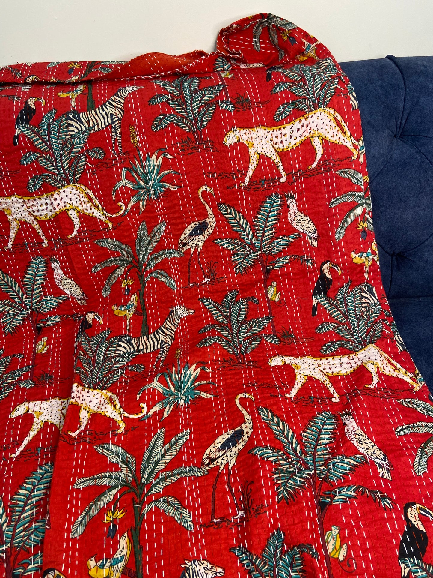 Hot Red Jungle Print Hand Embroidered Bedspread
